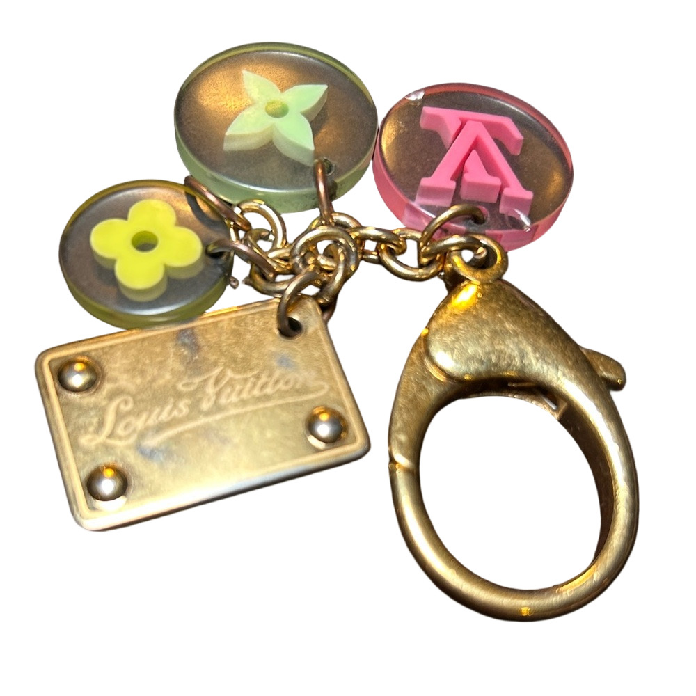 138. Louis Vuitton Gold Keychain with Pink, Yellow, Green Charms with COA